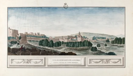 Utsikt över Alhambra i Granada, från Torres Bermejas slott.